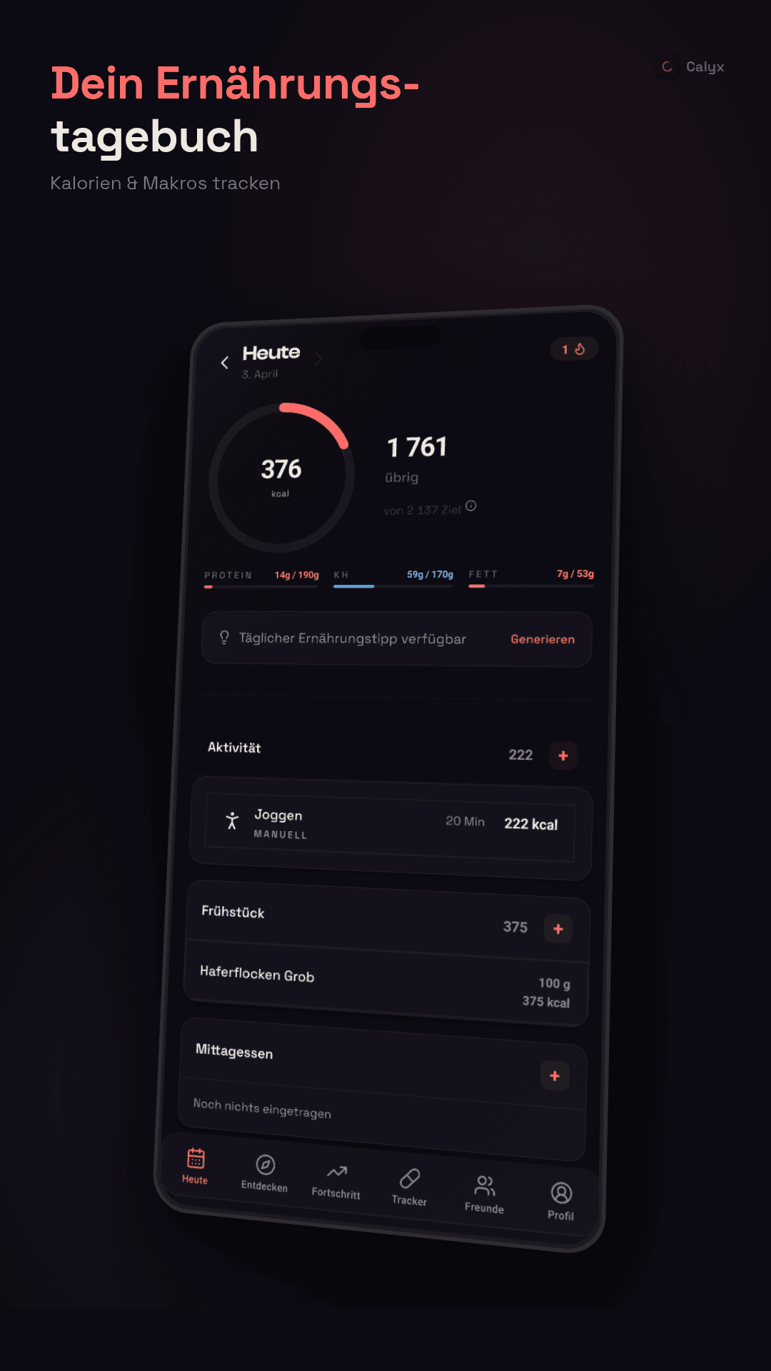 Calyx food diary with calorie ring and macro tracking